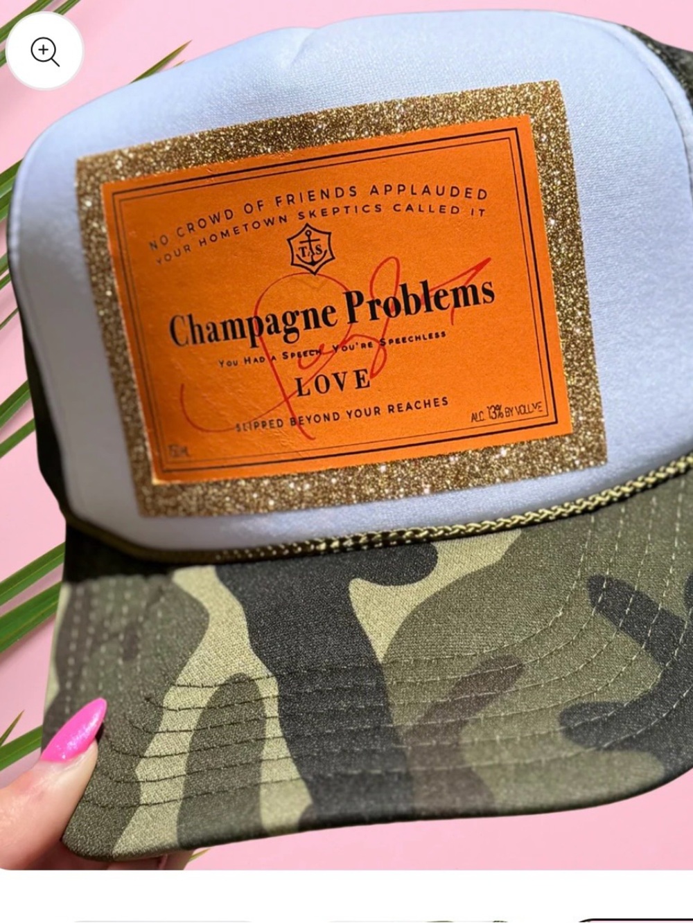 Champagne Problems Glitter Patch Trucker Hat - White & Camouflage New